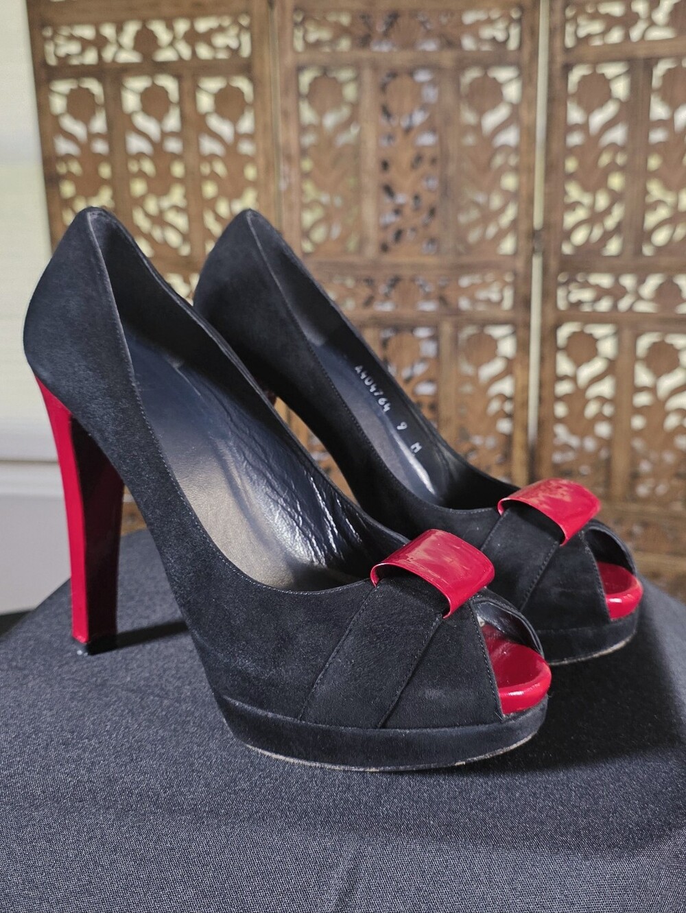 Stuart Weitzman Black Suede Red patent peep toe  Platform pumps